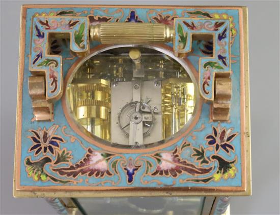 An early 20th century French ormolu and champleve enamel hour repeating carriage alarum clock, height 7.5in.